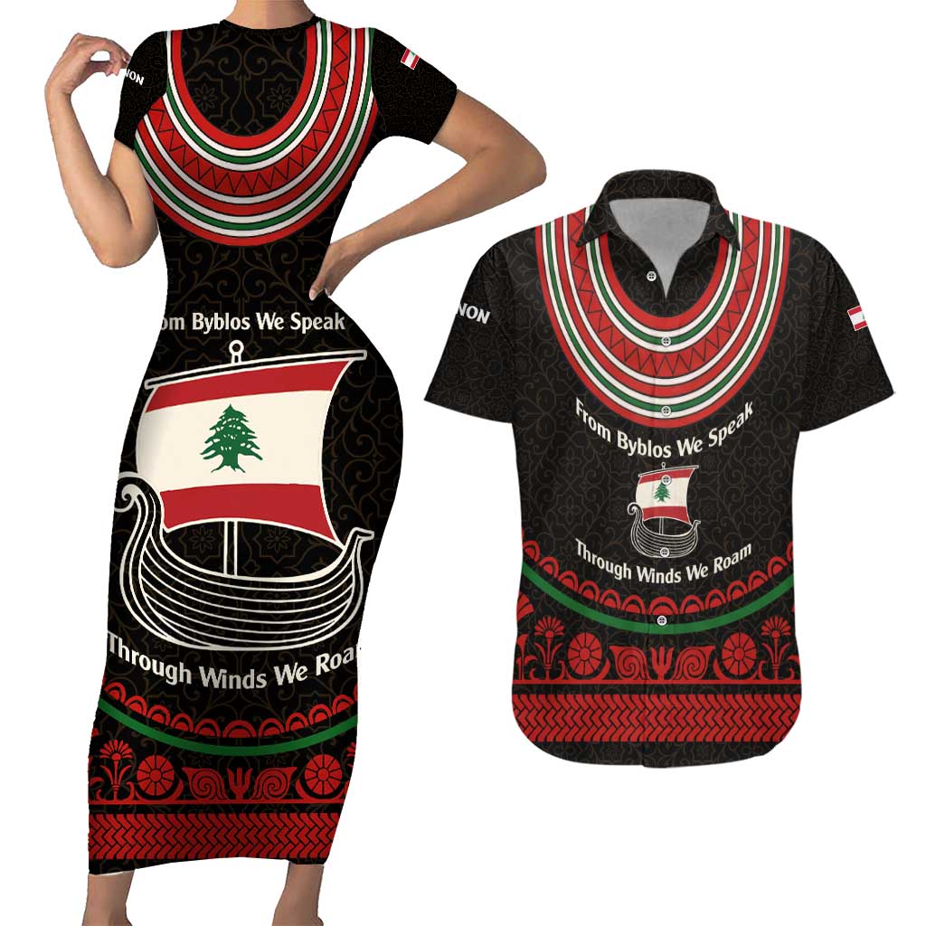 Lebanon Phoenician Ship Couples Matching Short Sleeve Bodycon Dress and Hawaiian Shirt with Byblos Heritage and Cedar Sail Design