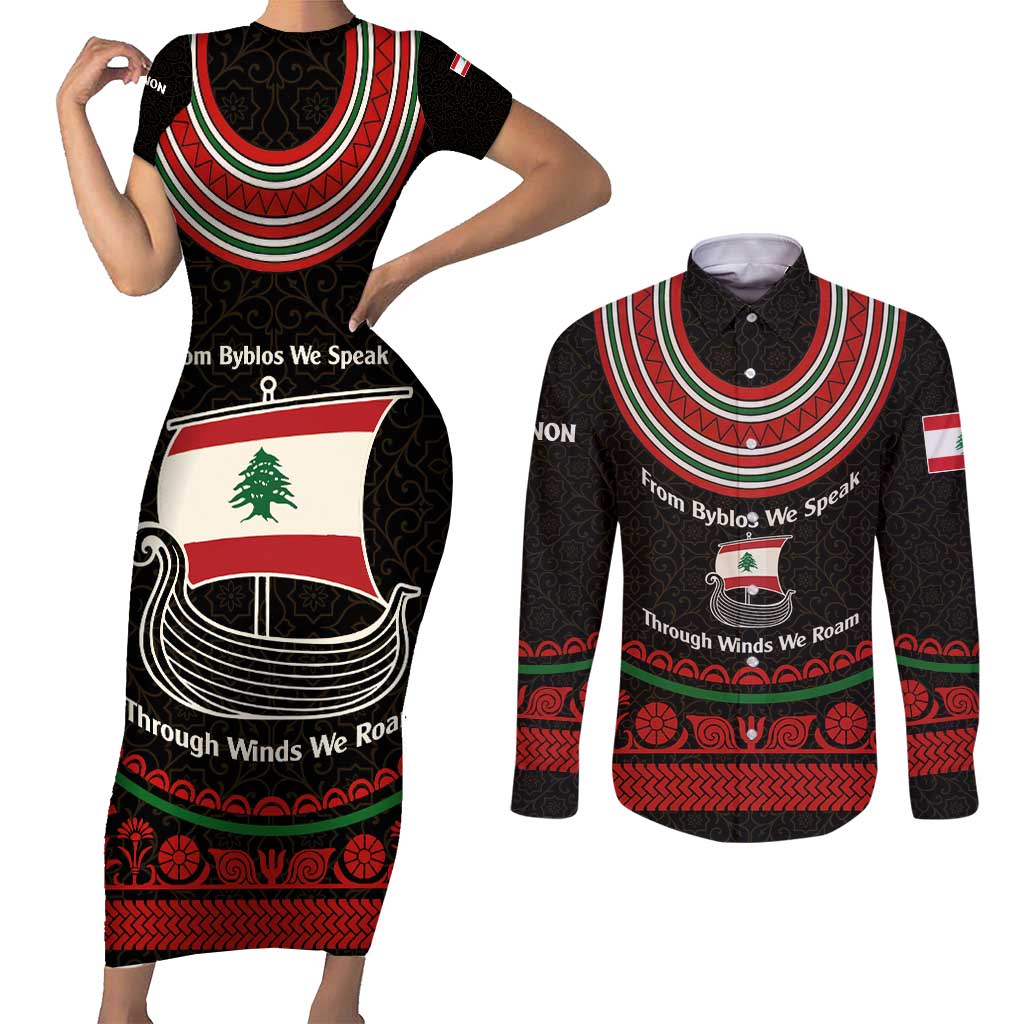 Lebanon Phoenician Ship Couples Matching Short Sleeve Bodycon Dress and Long Sleeve Button Shirt with Byblos Heritage and Cedar Sail Design