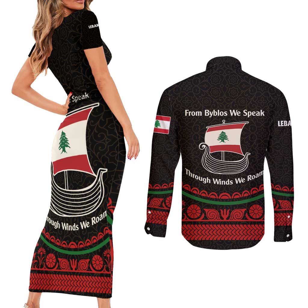 Lebanon Phoenician Ship Couples Matching Short Sleeve Bodycon Dress and Long Sleeve Button Shirt with Byblos Heritage and Cedar Sail Design