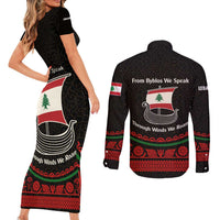 Lebanon Phoenician Ship Couples Matching Short Sleeve Bodycon Dress and Long Sleeve Button Shirt with Byblos Heritage and Cedar Sail Design
