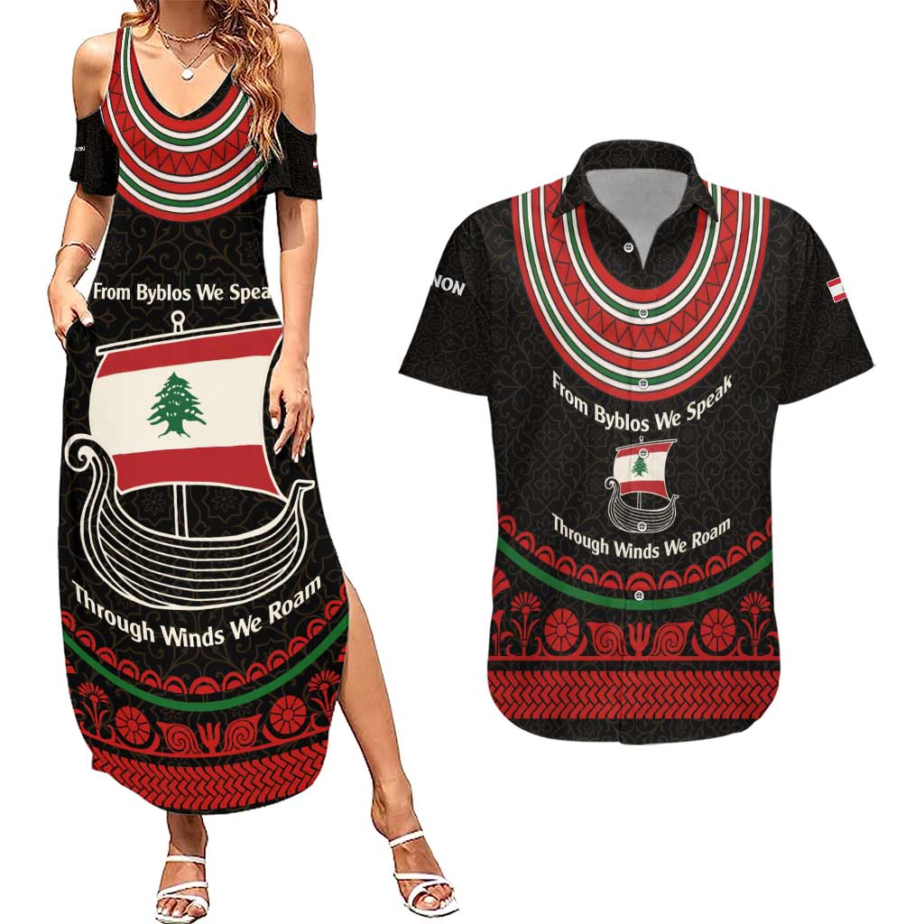 Lebanon Phoenician Ship Couples Matching Summer Maxi Dress and Hawaiian Shirt with Byblos Heritage and Cedar Sail Design