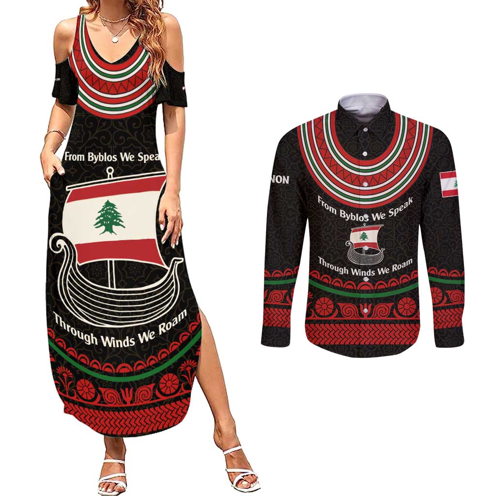 Lebanon Phoenician Ship Couples Matching Summer Maxi Dress and Long Sleeve Button Shirt with Byblos Heritage and Cedar Sail Design