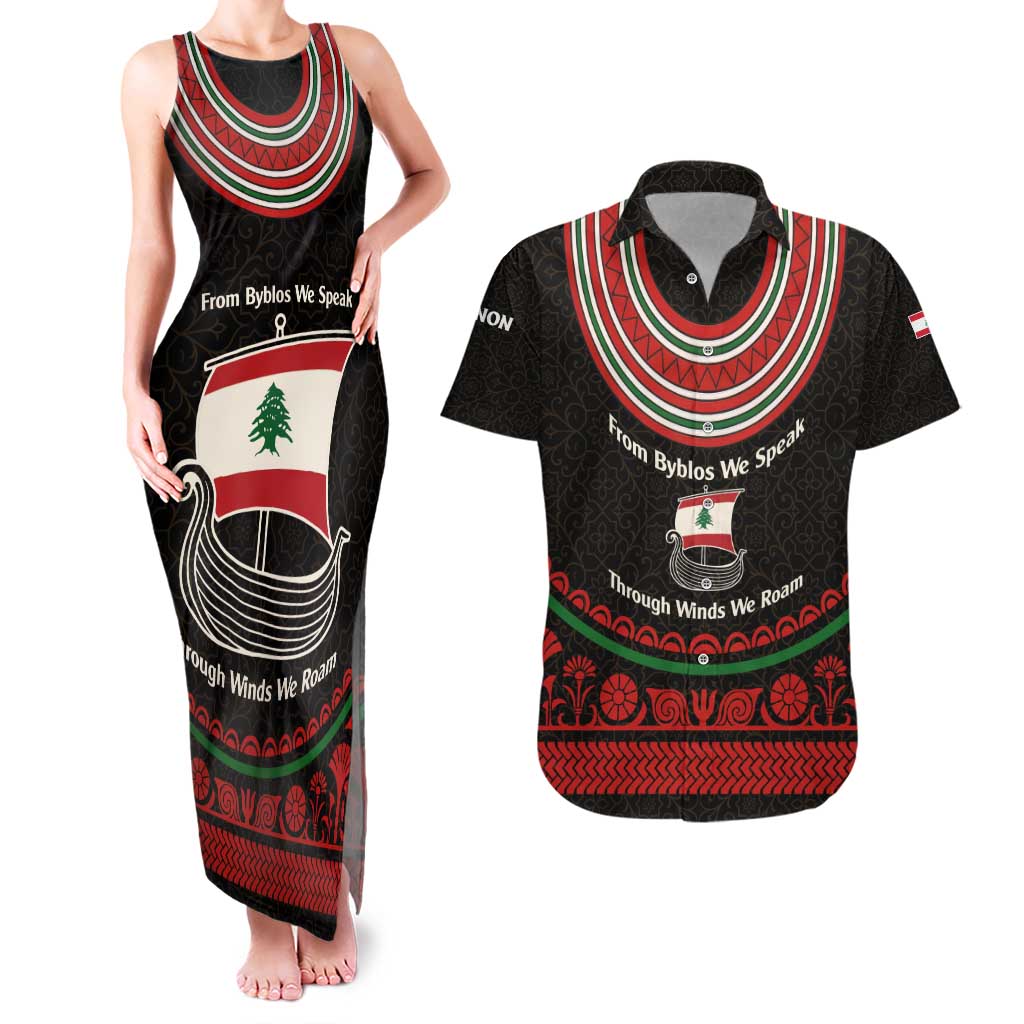 Lebanon Phoenician Ship Couples Matching Tank Maxi Dress and Hawaiian Shirt with Byblos Heritage and Cedar Sail Design