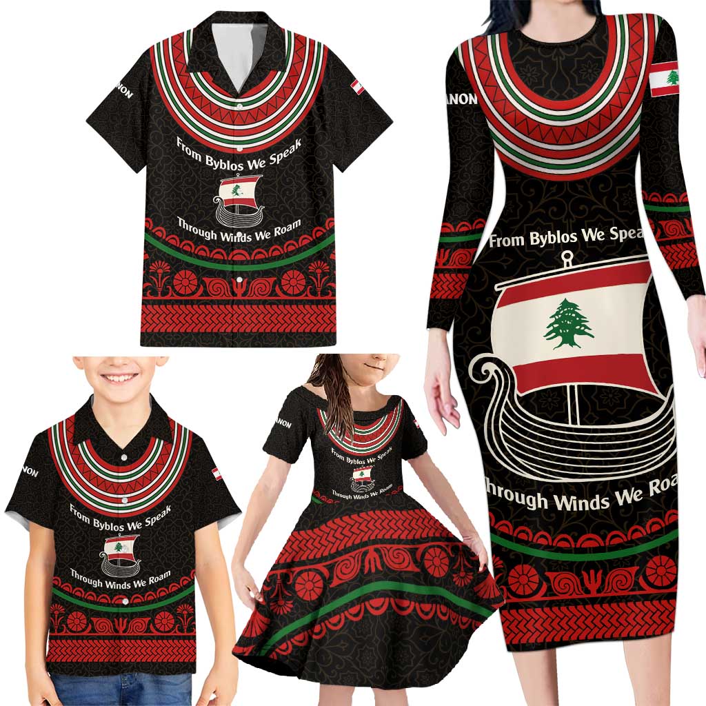 Lebanon Phoenician Ship Family Matching Long Sleeve Bodycon Dress and Hawaiian Shirt with Byblos Heritage and Cedar Sail Design