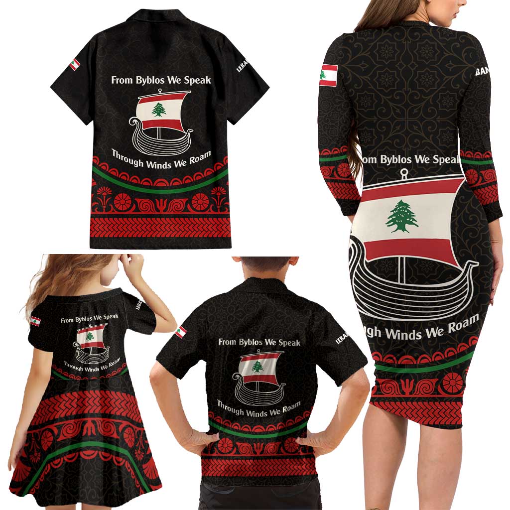 Lebanon Phoenician Ship Family Matching Long Sleeve Bodycon Dress and Hawaiian Shirt with Byblos Heritage and Cedar Sail Design