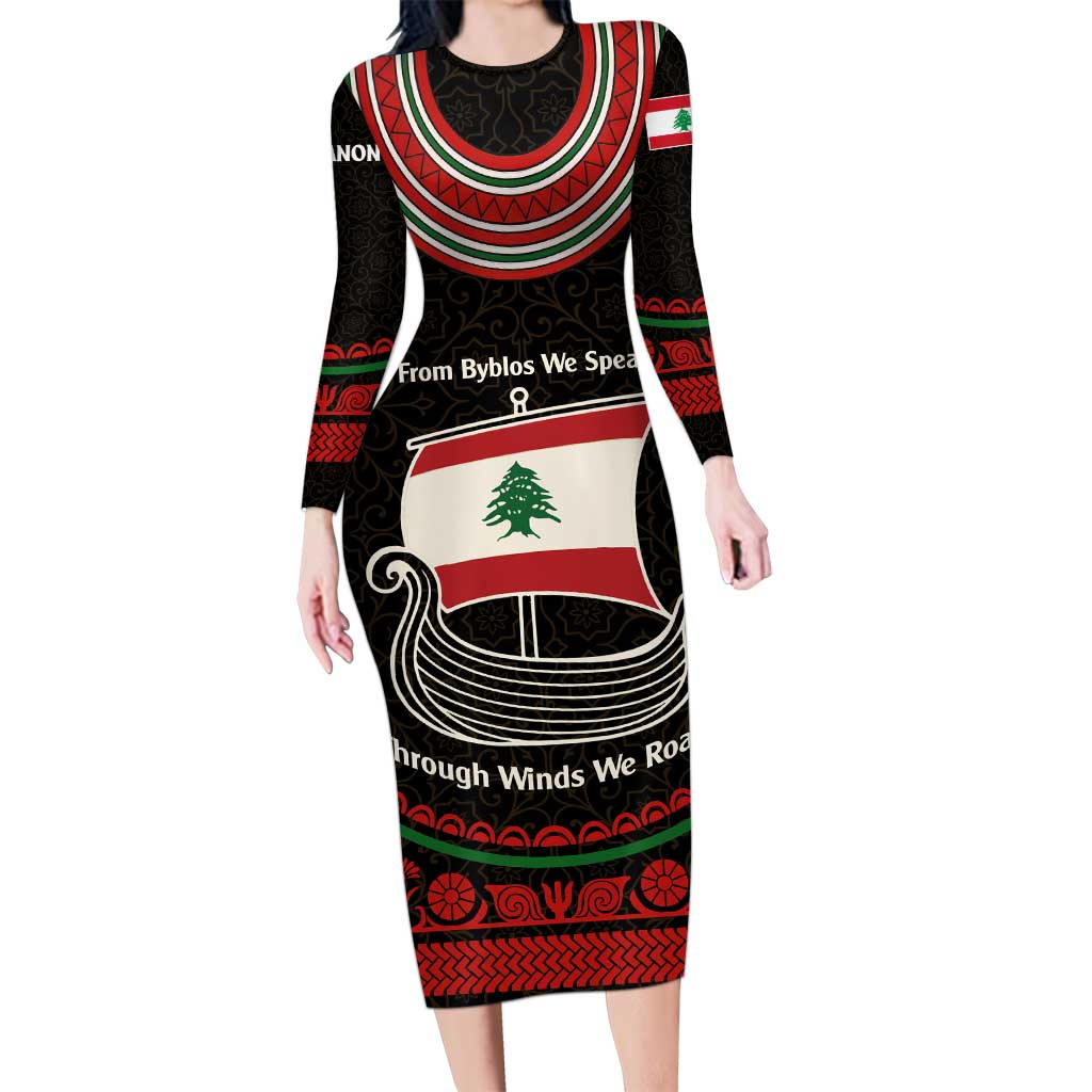 Lebanon Phoenician Ship Family Matching Long Sleeve Bodycon Dress and Hawaiian Shirt with Byblos Heritage and Cedar Sail Design