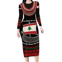 Lebanon Phoenician Ship Family Matching Long Sleeve Bodycon Dress and Hawaiian Shirt with Byblos Heritage and Cedar Sail Design