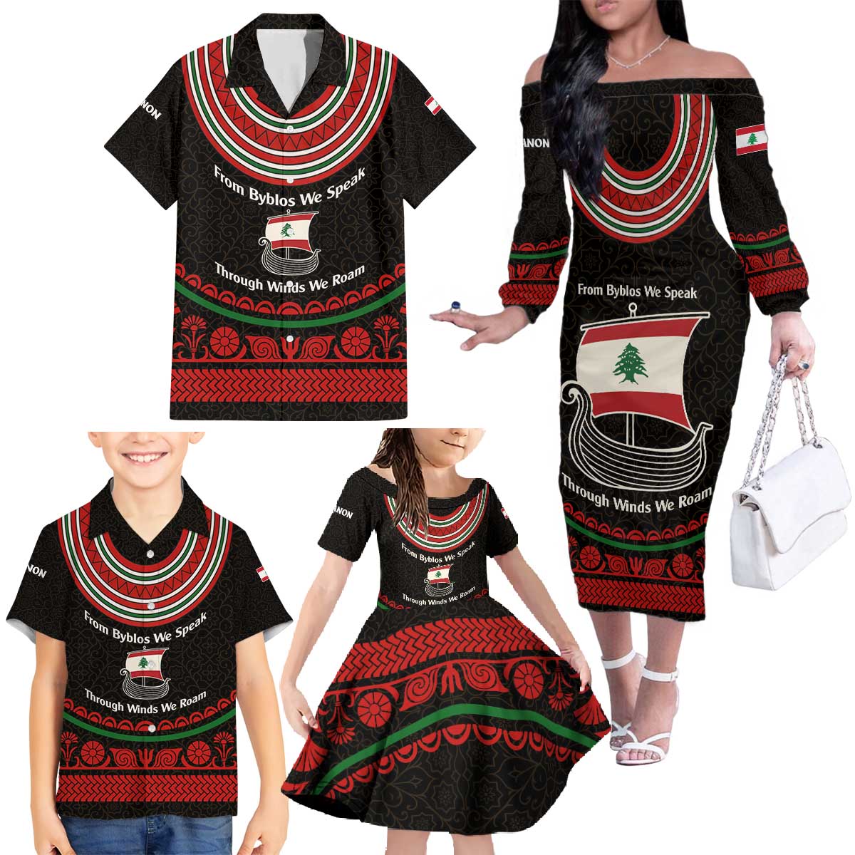 Lebanon Phoenician Ship Family Matching Off The Shoulder Long Sleeve Dress and Hawaiian Shirt with Byblos Heritage and Cedar Sail Design