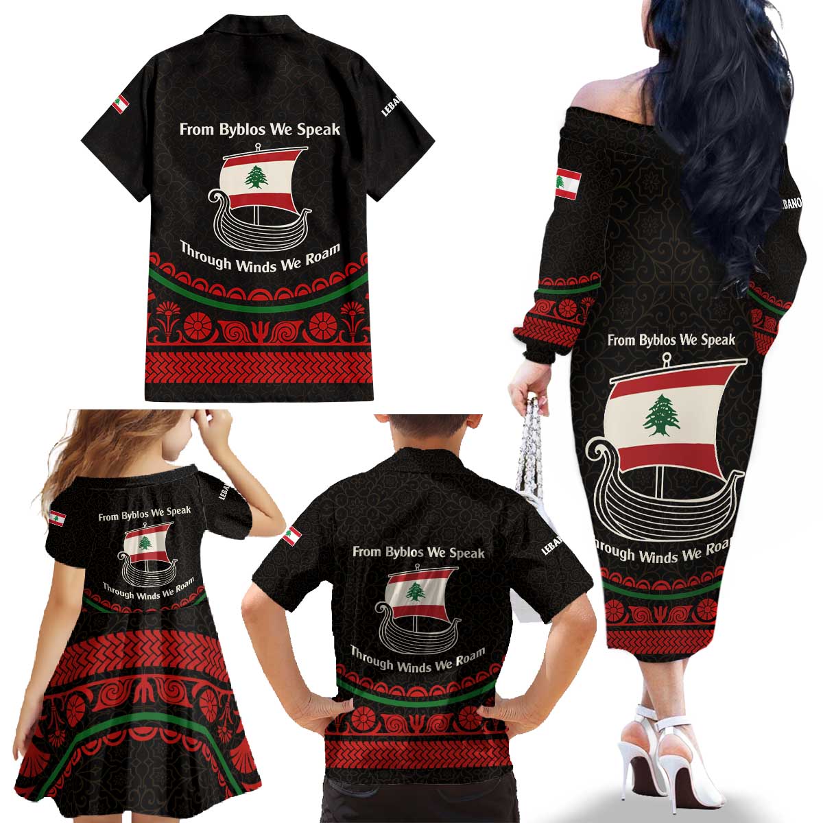 Lebanon Phoenician Ship Family Matching Off The Shoulder Long Sleeve Dress and Hawaiian Shirt with Byblos Heritage and Cedar Sail Design