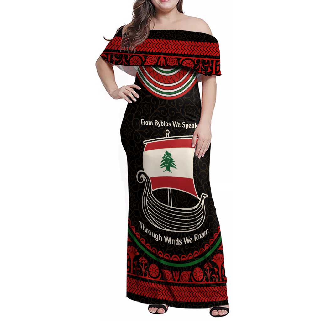 Lebanon Phoenician Ship Family Matching Off Shoulder Maxi Dress and Hawaiian Shirt with Byblos Heritage and Cedar Sail Design
