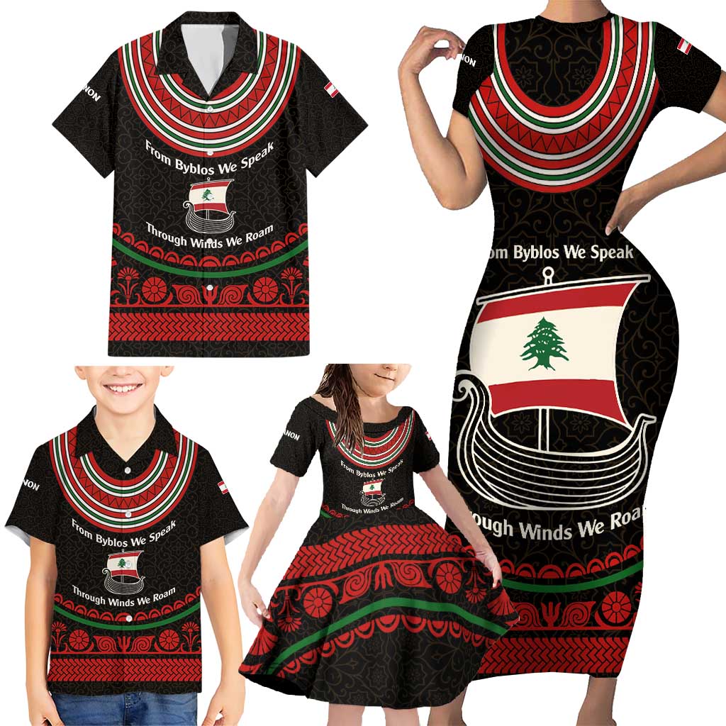Lebanon Phoenician Ship Family Matching Short Sleeve Bodycon Dress and Hawaiian Shirt with Byblos Heritage and Cedar Sail Design
