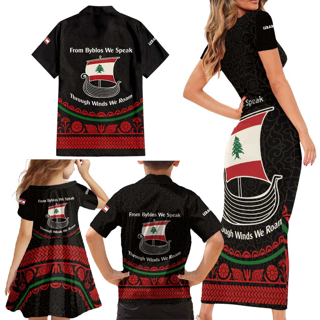 Lebanon Phoenician Ship Family Matching Short Sleeve Bodycon Dress and Hawaiian Shirt with Byblos Heritage and Cedar Sail Design