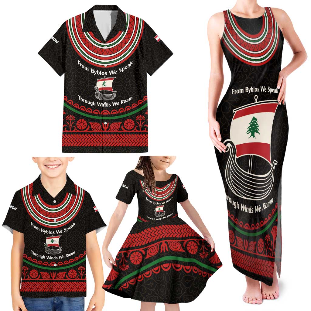 Lebanon Phoenician Ship Family Matching Tank Maxi Dress and Hawaiian Shirt with Byblos Heritage and Cedar Sail Design
