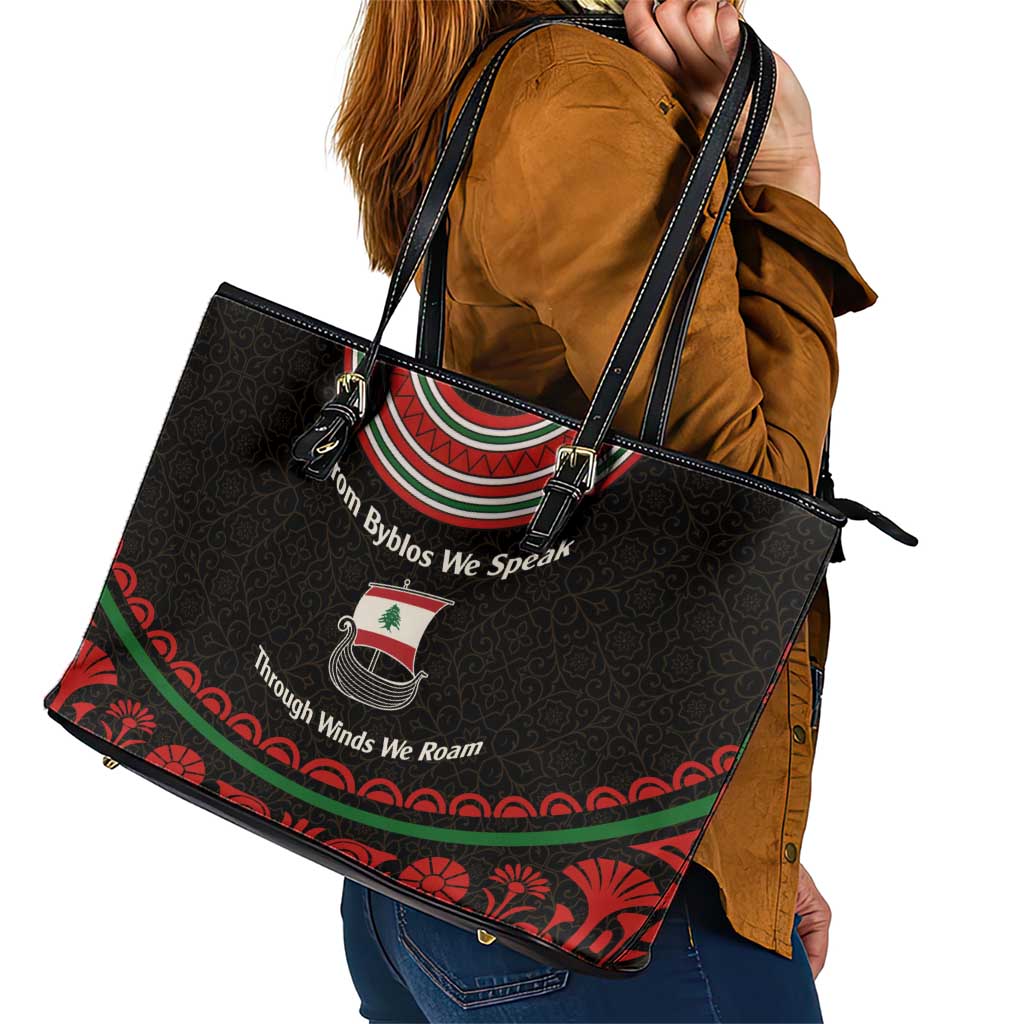 Lebanon Phoenician Ship Leather Tote Bag with Byblos Heritage and Cedar Sail Design