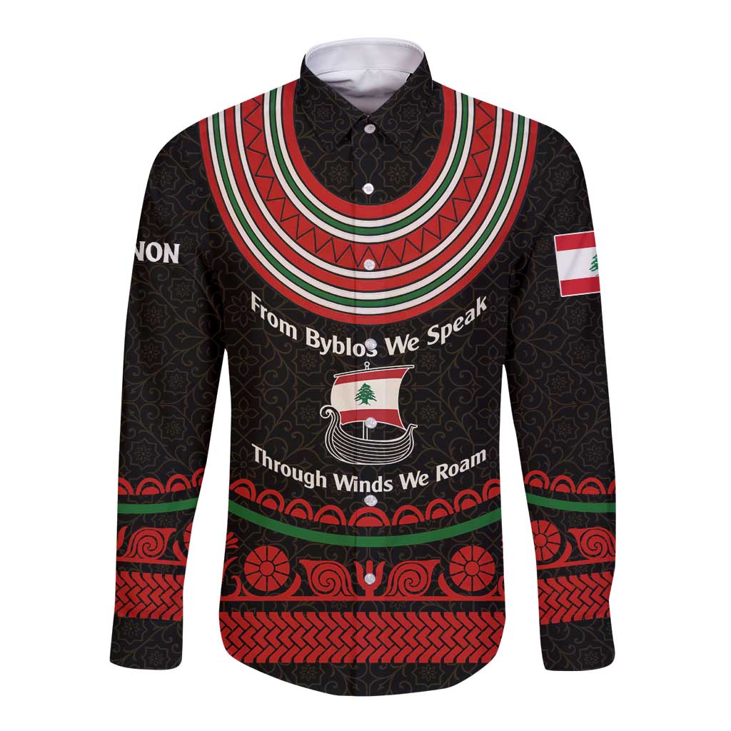 Lebanon Phoenician Ship Long Sleeve Button Shirt with Byblos Heritage and Cedar Sail Design