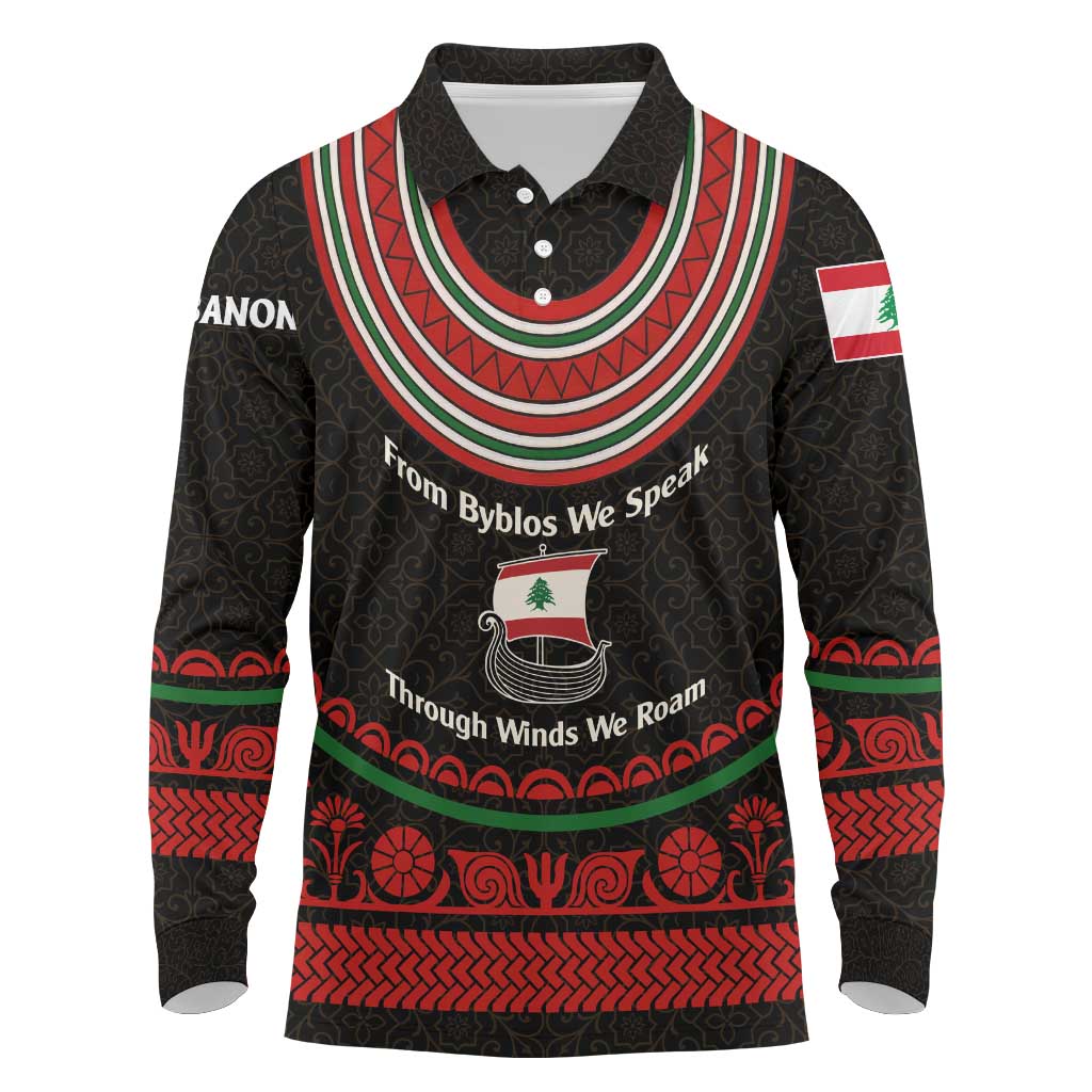 Lebanon Phoenician Ship Long Sleeve Polo Shirt with Byblos Heritage and Cedar Sail Design
