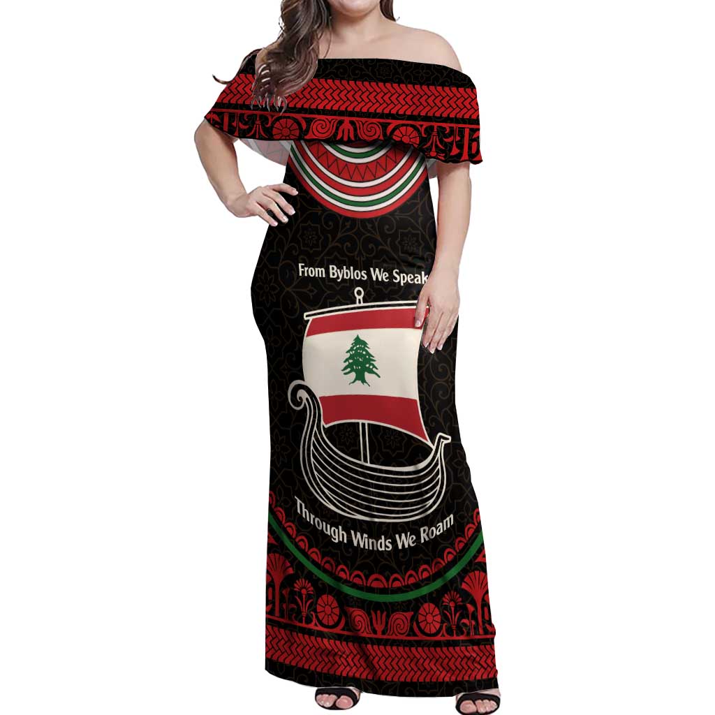 Lebanon Phoenician Ship Off Shoulder Maxi Dress with Byblos Heritage and Cedar Sail Design