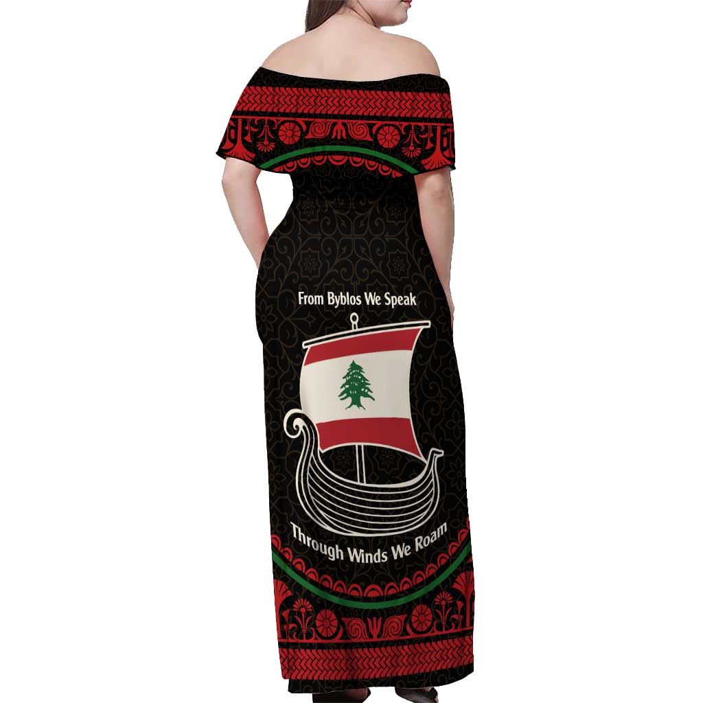 Lebanon Phoenician Ship Off Shoulder Maxi Dress with Byblos Heritage and Cedar Sail Design