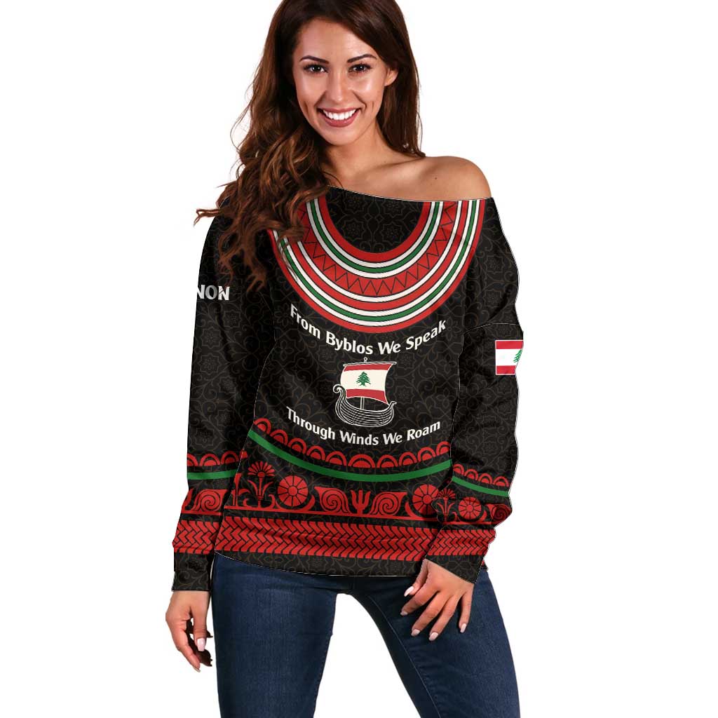 Lebanon Phoenician Ship Off Shoulder Sweater with Byblos Heritage and Cedar Sail Design