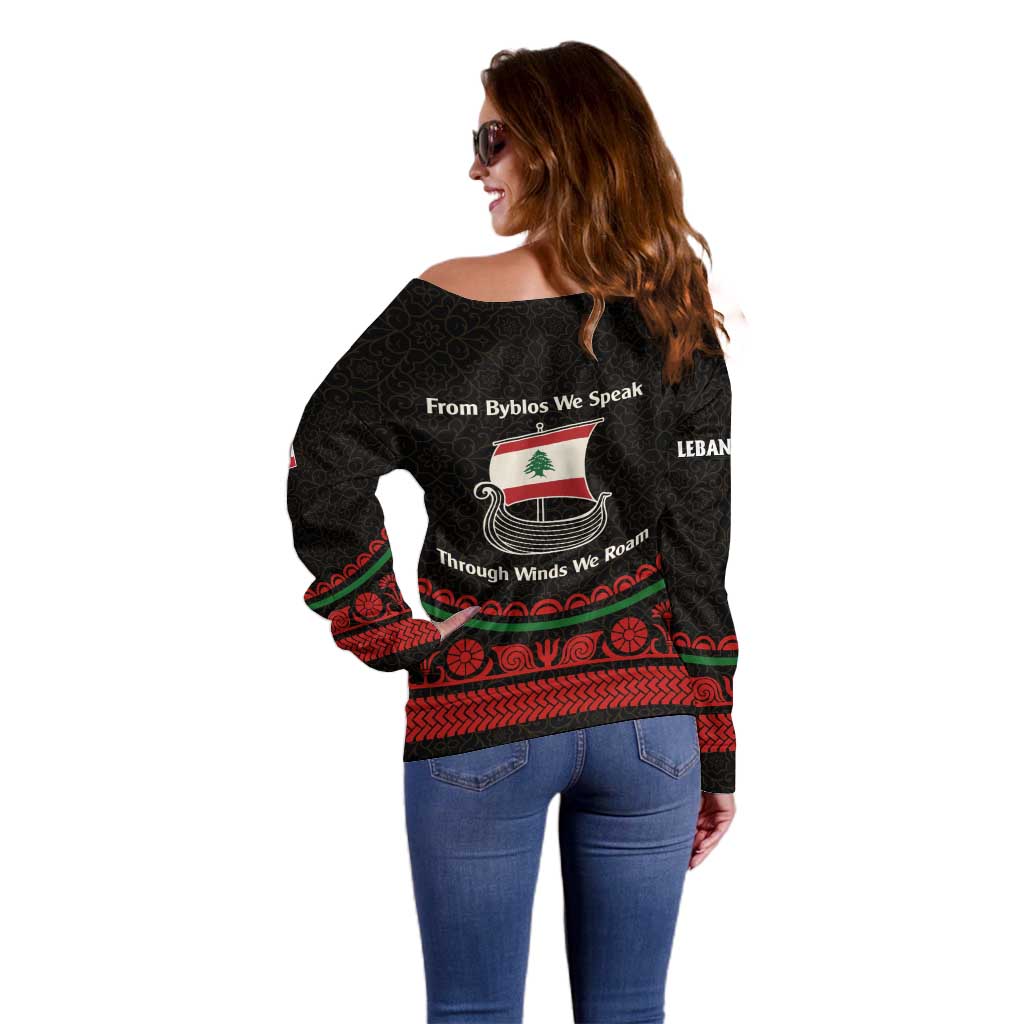 Lebanon Phoenician Ship Off Shoulder Sweater with Byblos Heritage and Cedar Sail Design