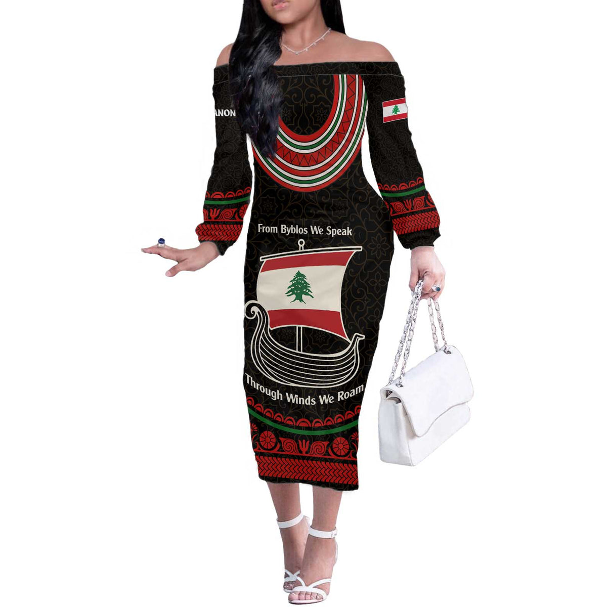 Lebanon Phoenician Ship Off The Shoulder Long Sleeve Dress with Byblos Heritage and Cedar Sail Design