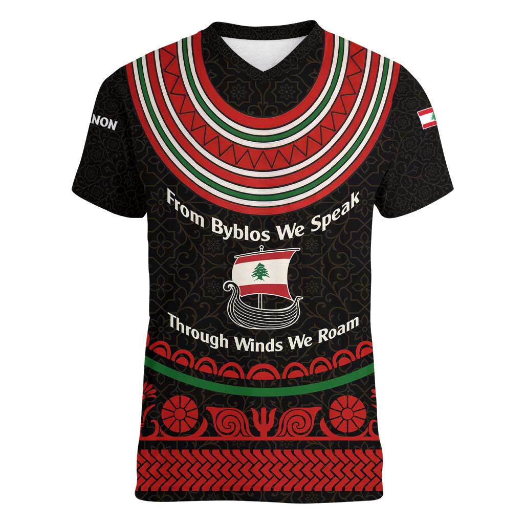 Lebanon Phoenician Ship Women V-Neck T-Shirt with Byblos Heritage and Cedar Sail Design