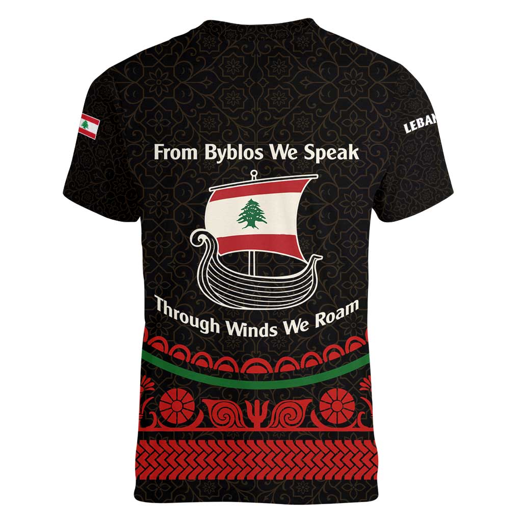 Lebanon Phoenician Ship Women V-Neck T-Shirt with Byblos Heritage and Cedar Sail Design