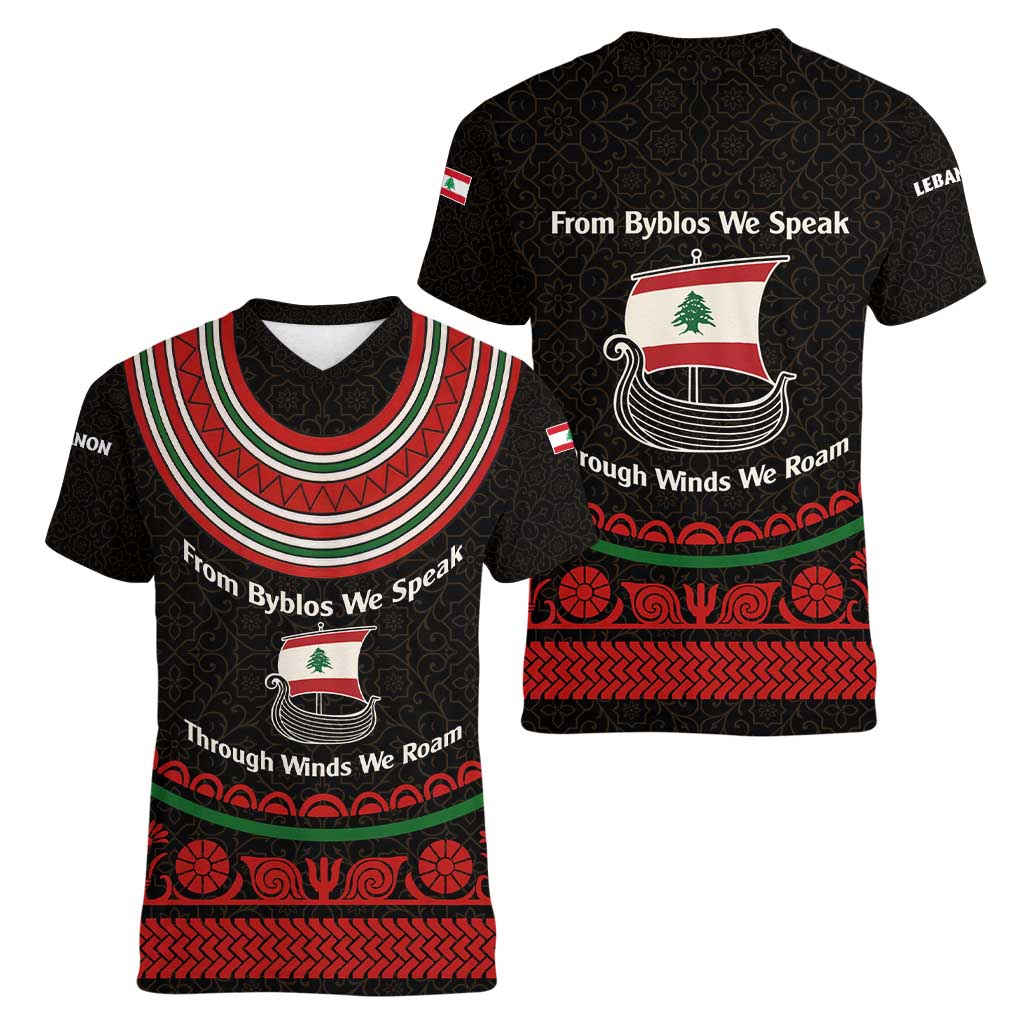 Lebanon Phoenician Ship Women V-Neck T-Shirt with Byblos Heritage and Cedar Sail Design