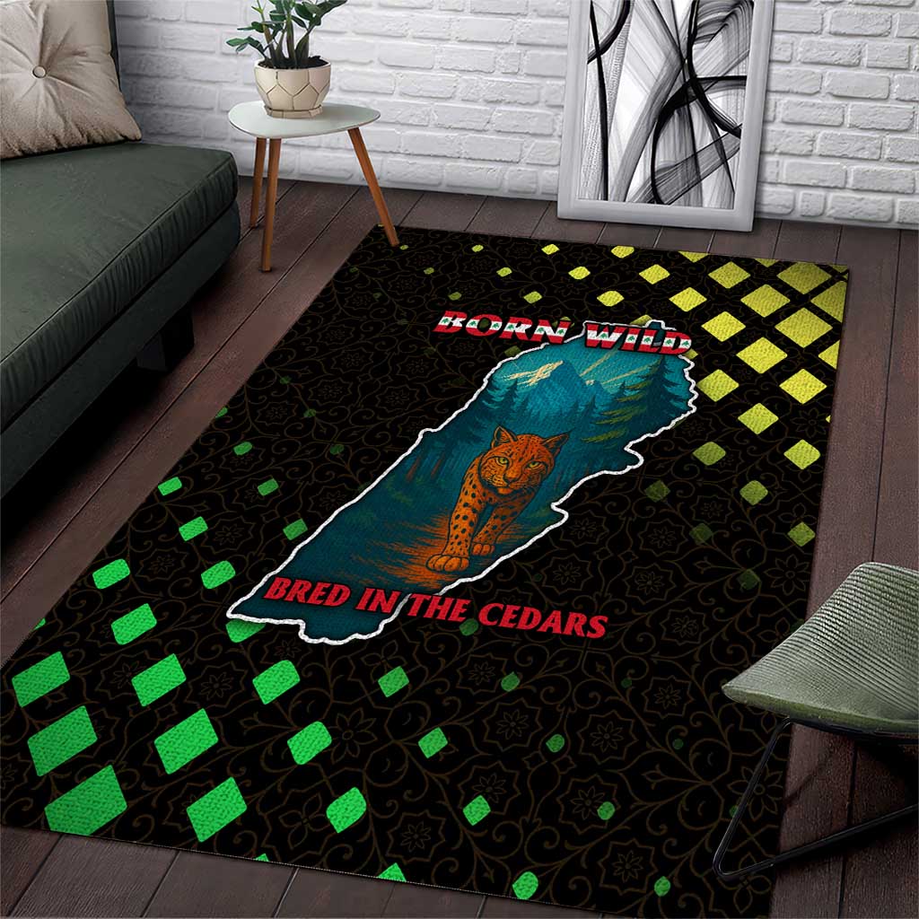 Lebanon Wild Cedar Forest Area Rug with Leopard and National Map Design