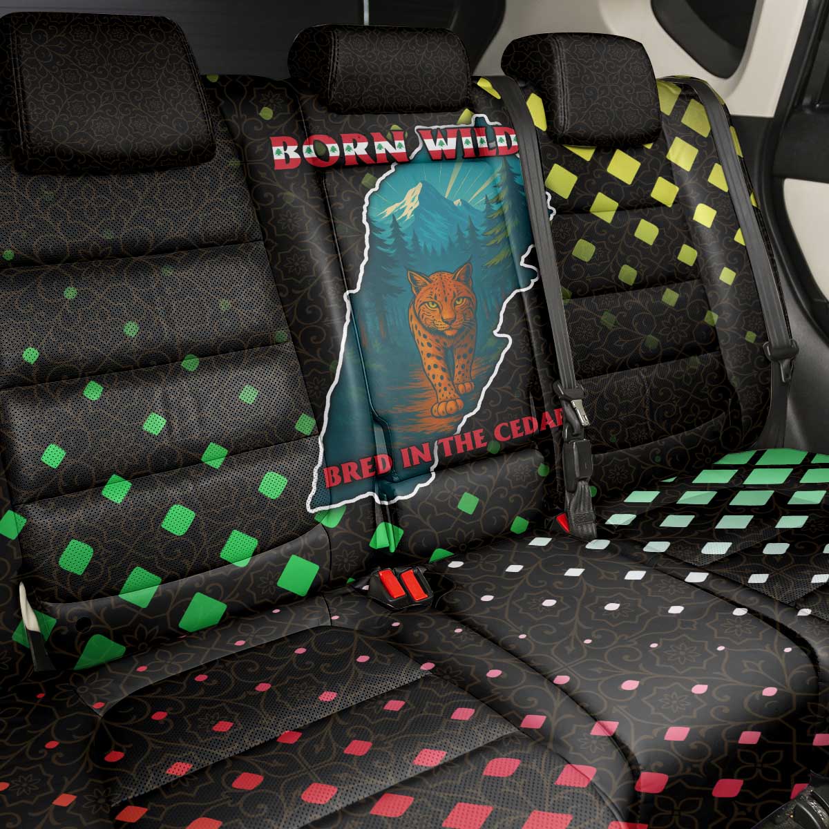 Lebanon Wild Cedar Forest Back Car Seat Cover with Leopard and National Map Design