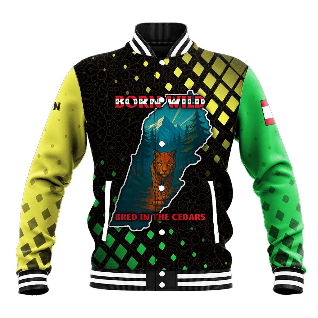 Lebanon Wild Cedar Forest Baseball Jacket with Leopard and National Map Design