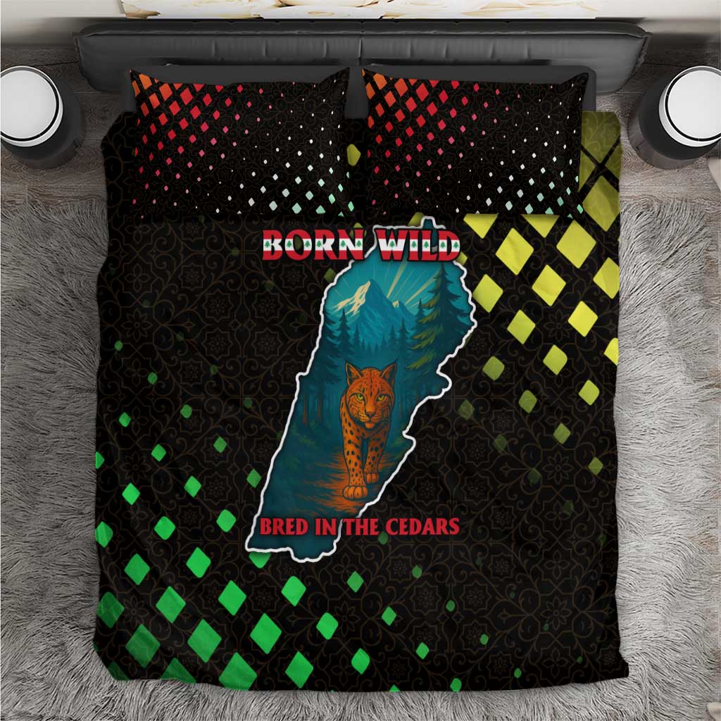 Lebanon Wild Cedar Forest Bedding Set with Leopard and National Map Design