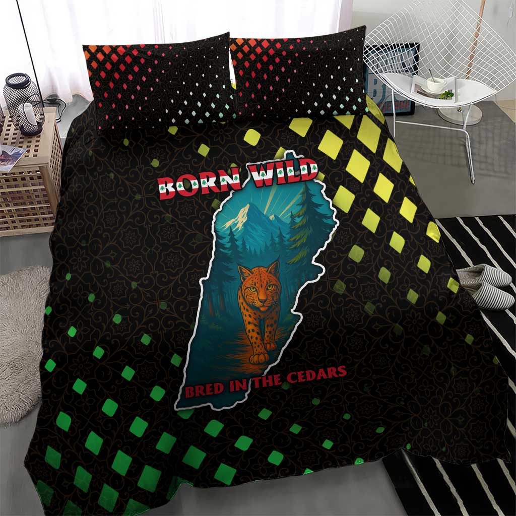 Lebanon Wild Cedar Forest Bedding Set with Leopard and National Map Design