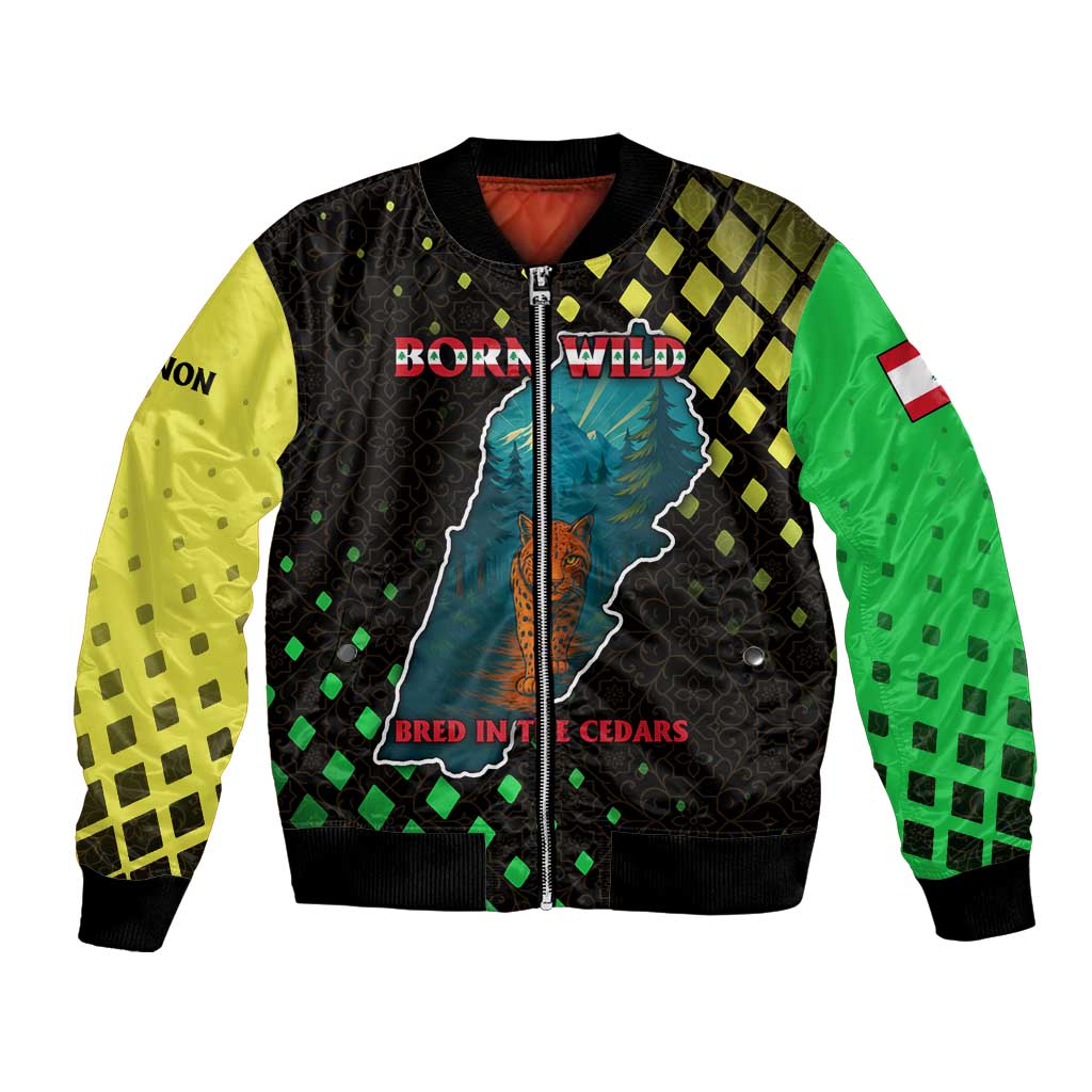 Lebanon Wild Cedar Forest Bomber Jacket with Leopard and National Map Design