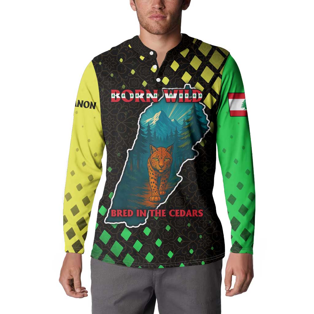 Lebanon Wild Cedar Forest Button Sweatshirt with Leopard and National Map Design