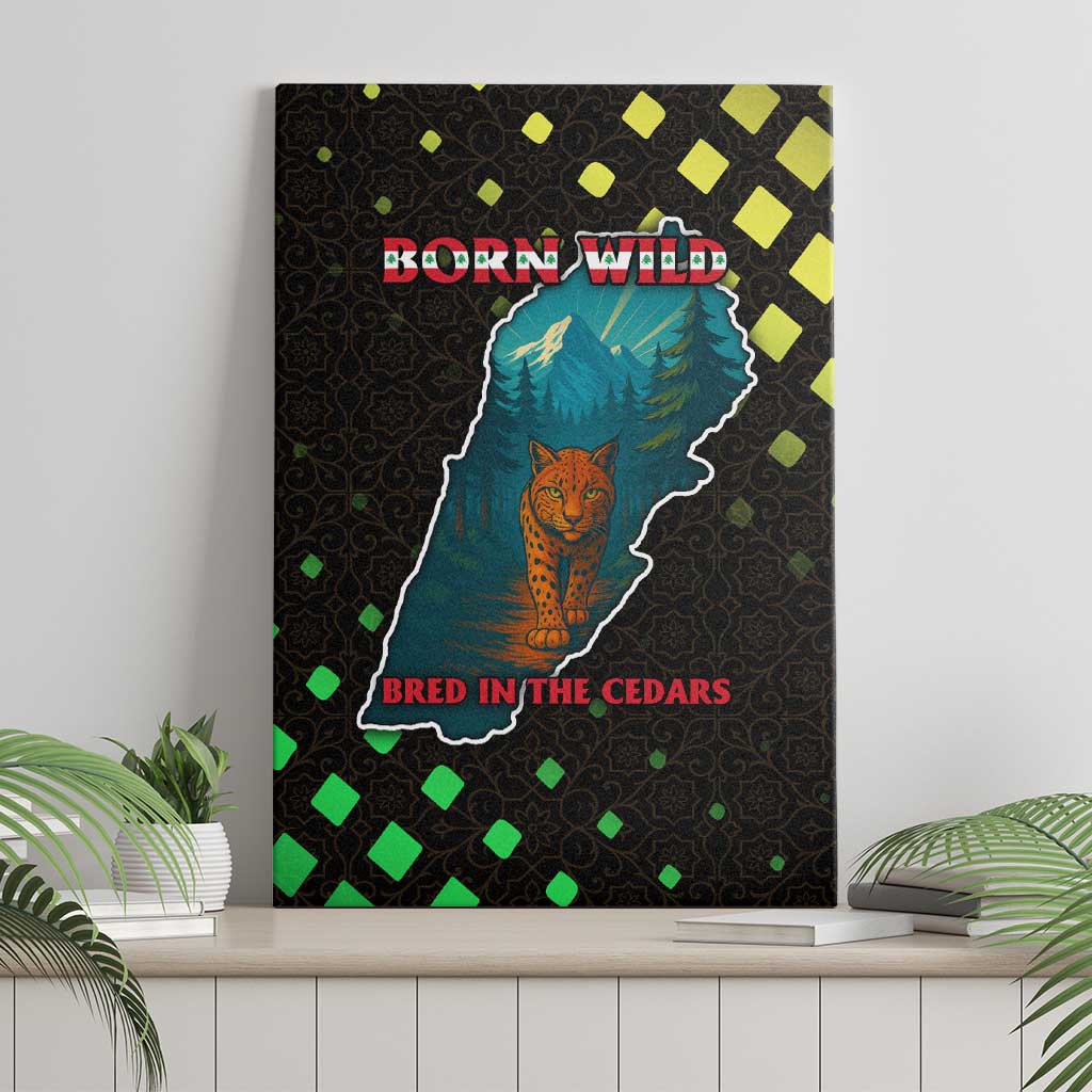 Lebanon Wild Cedar Forest Canvas Wall Art with Leopard and National Map Design