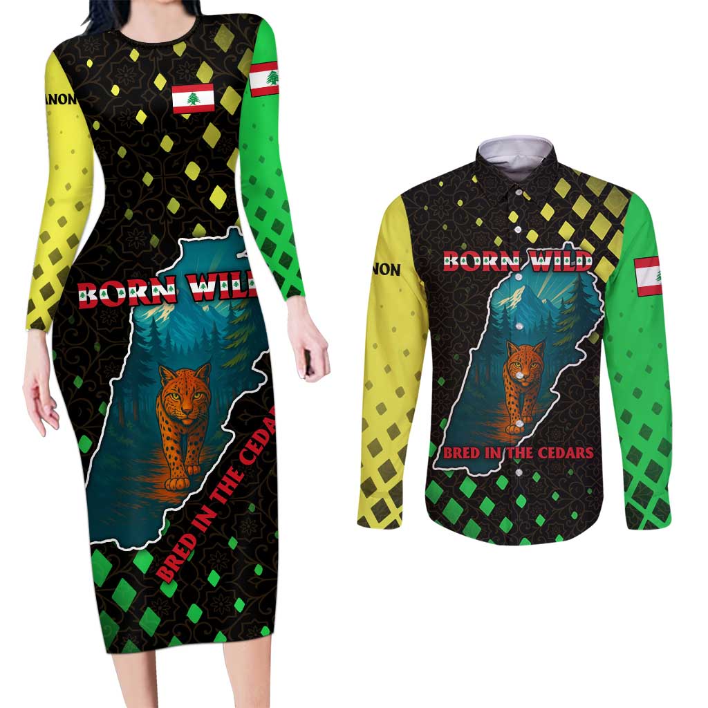 Lebanon Wild Cedar Forest Couples Matching Long Sleeve Bodycon Dress and Long Sleeve Button Shirt with Leopard and National Map Design