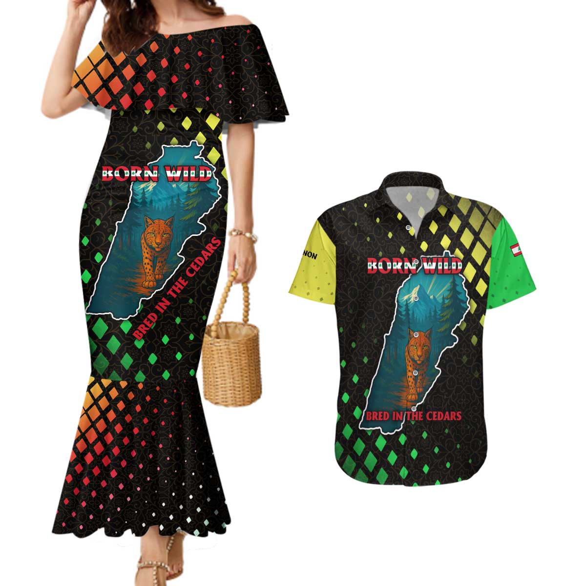 Lebanon Wild Cedar Forest Couples Matching Mermaid Dress and Hawaiian Shirt with Leopard and National Map Design
