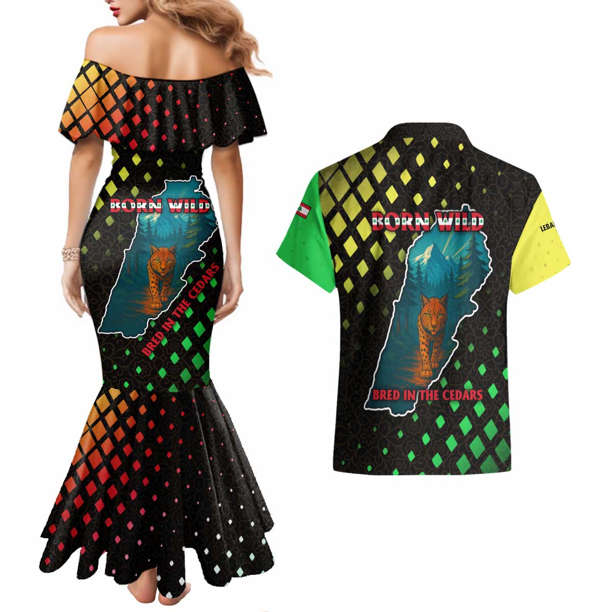 Lebanon Wild Cedar Forest Couples Matching Mermaid Dress and Hawaiian Shirt with Leopard and National Map Design