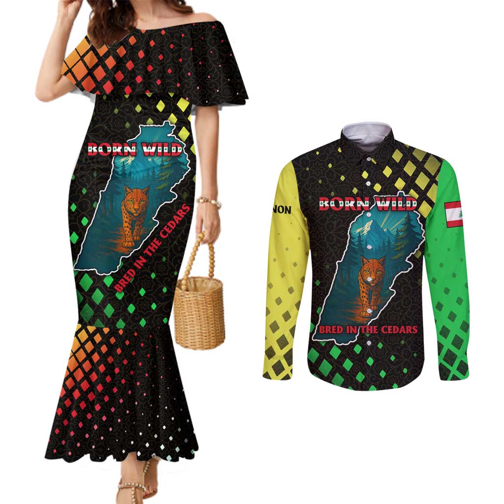 Lebanon Wild Cedar Forest Couples Matching Mermaid Dress and Long Sleeve Button Shirt with Leopard and National Map Design