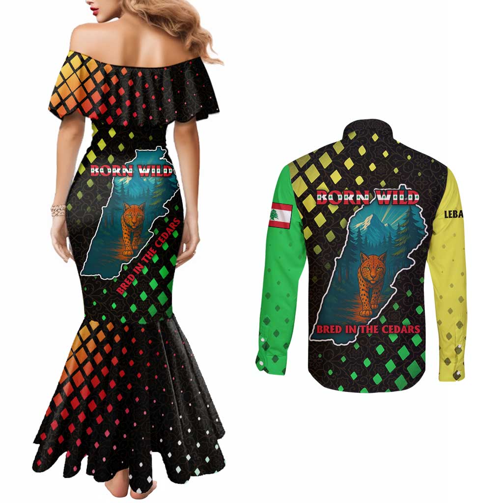 Lebanon Wild Cedar Forest Couples Matching Mermaid Dress and Long Sleeve Button Shirt with Leopard and National Map Design