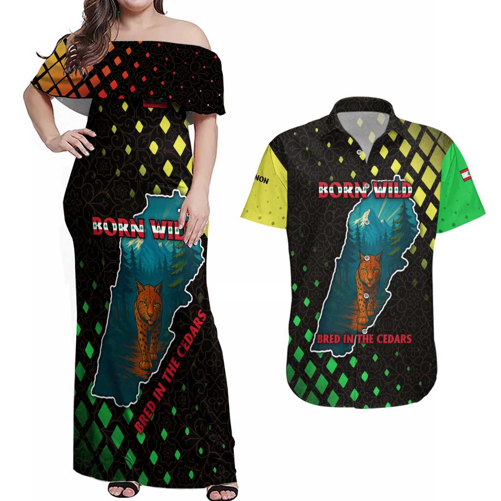Lebanon Wild Cedar Forest Couples Matching Off Shoulder Maxi Dress and Hawaiian Shirt with Leopard and National Map Design