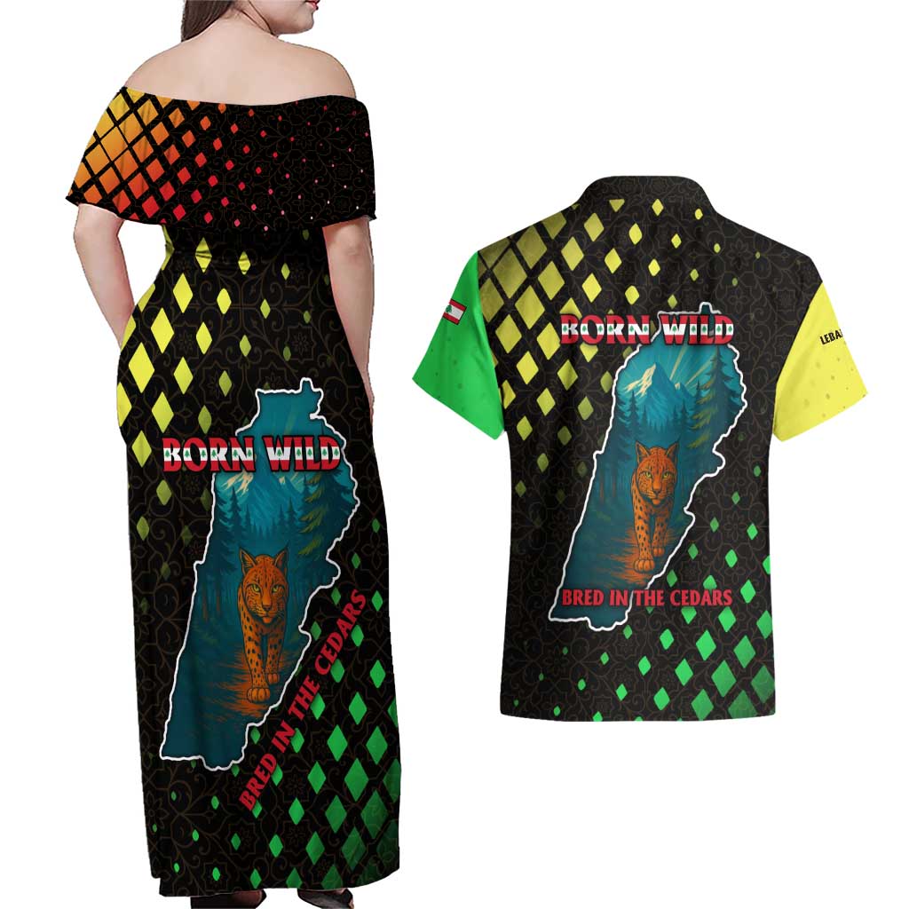 Lebanon Wild Cedar Forest Couples Matching Off Shoulder Maxi Dress and Hawaiian Shirt with Leopard and National Map Design