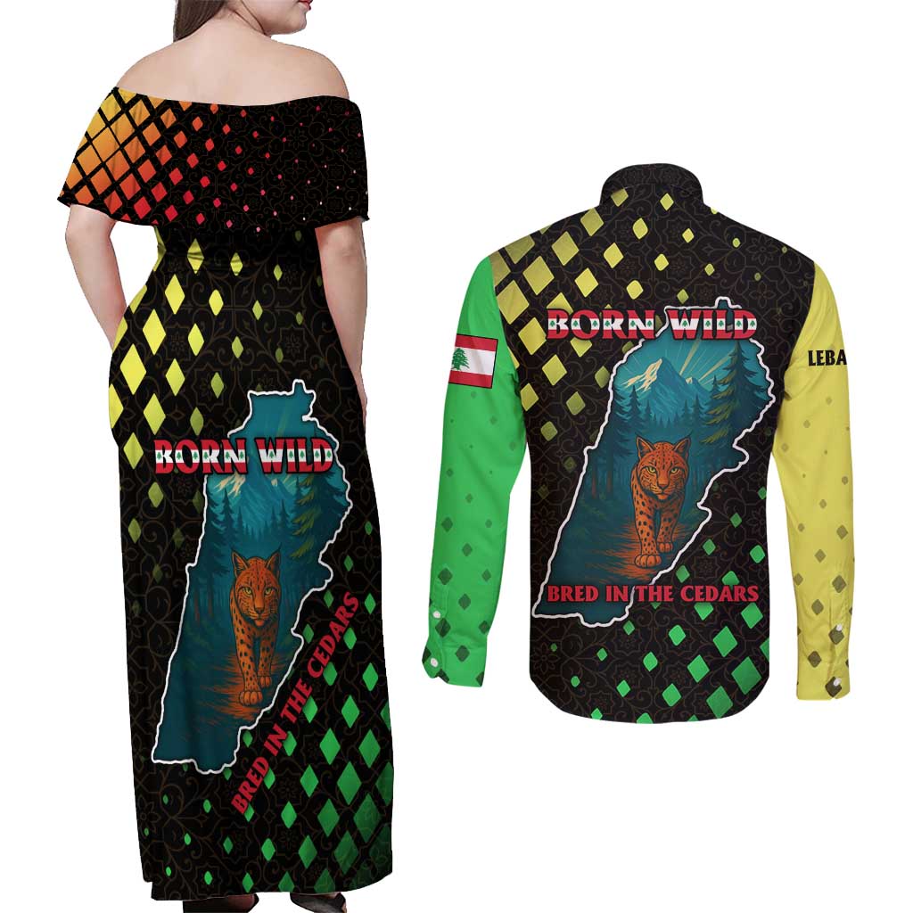 Lebanon Wild Cedar Forest Couples Matching Off Shoulder Maxi Dress and Long Sleeve Button Shirt with Leopard and National Map Design