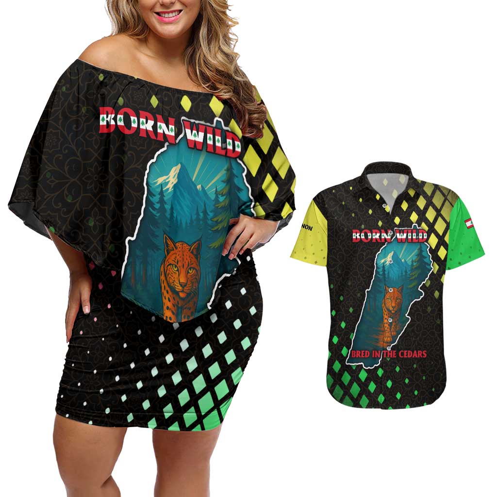 Lebanon Wild Cedar Forest Couples Matching Off Shoulder Short Dress and Hawaiian Shirt with Leopard and National Map Design