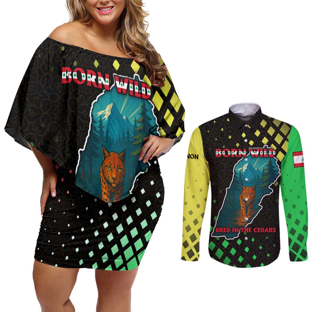 Lebanon Wild Cedar Forest Couples Matching Off Shoulder Short Dress and Long Sleeve Button Shirt with Leopard and National Map Design