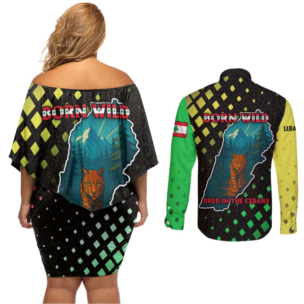 Lebanon Wild Cedar Forest Couples Matching Off Shoulder Short Dress and Long Sleeve Button Shirt with Leopard and National Map Design