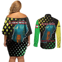 Lebanon Wild Cedar Forest Couples Matching Off Shoulder Short Dress and Long Sleeve Button Shirt with Leopard and National Map Design