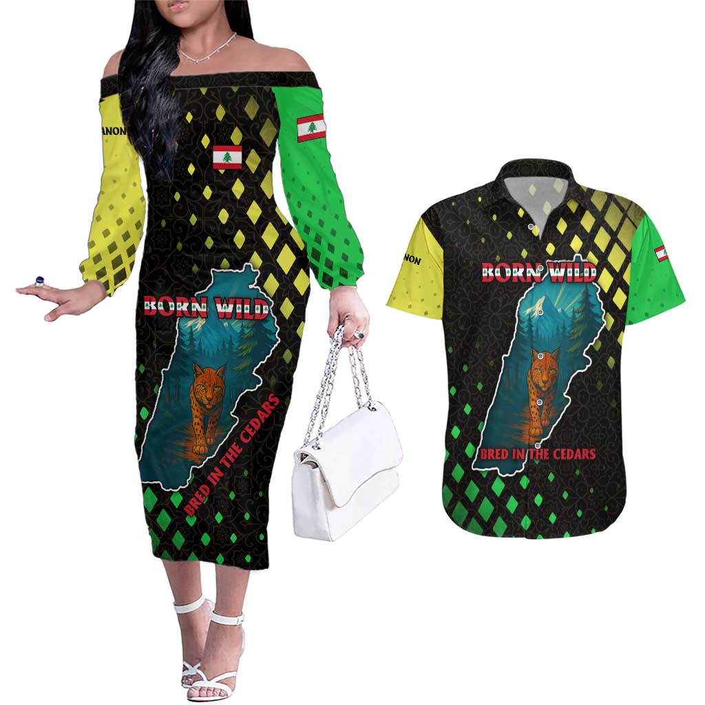 Lebanon Wild Cedar Forest Couples Matching Off The Shoulder Long Sleeve Dress and Hawaiian Shirt with Leopard and National Map Design
