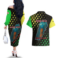 Lebanon Wild Cedar Forest Couples Matching Off The Shoulder Long Sleeve Dress and Hawaiian Shirt with Leopard and National Map Design